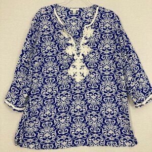 Charter Club XL Blue White Baroque Print Top Boho Embroidered Rayon Coastal